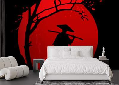 Samurai and the red moon Wall mural