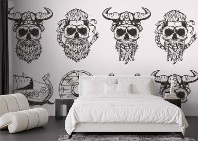 Set of isolated illustrations of a Viking skulls, boat, shield and axes Wall mural