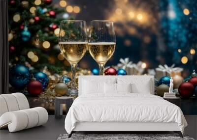 two glasses of champagne on a bright Christmas table with bright Christmas toys and garlands, Wall mural