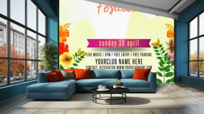 Spring festival poster or flyer design with green grass and sample text on wooden background. It is perfect for any kind of your parties. With this poster design you will grab everyone’s attention. Wall mural