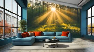 Sunlight shining trees forest grass morning sun rays background break dawn light technology fog searchlights wonder devotion sunbeams reaching towards heavens amazing inspiring
 Wall mural