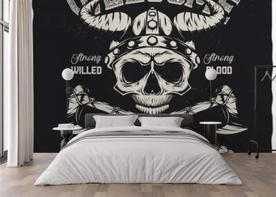 T-shirt or poster design with illustration of a Viking skull in a helmet. Wall mural