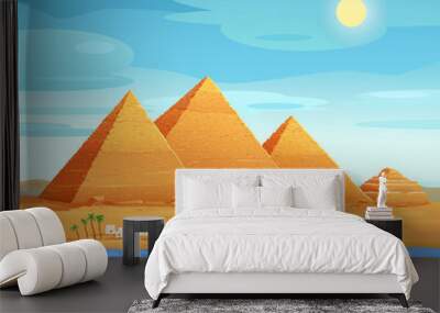 The pyramids of Egypt. Egyptian pyramids on the river. The Cheops Pyramid in Cairo, in Giza. Egyptian stone structures. Vector illustration Wall mural