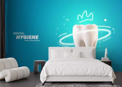 Tooth protection with crown 3d vector illustration. Teeth dentistry banner on blue background. Stomatology advertising web banner template. Wall mural