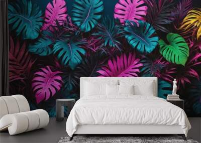 Tropical leaves in a neon glow of pink, blue, yellow, green, lying on a dark surface, 3D rendered to highlight aesthetic beauty Wall mural