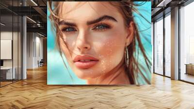 Young Woman with Windswept Hair on Beach Wall mural