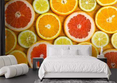 citrus fruit background with sliced f oranges lemons lime tanger Wall mural