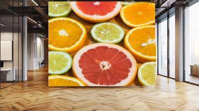 Citrus fruit background with sliced f oranges lemons lime tanger Wall mural