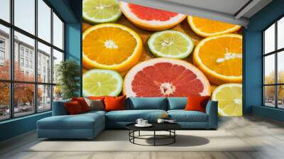 Citrus fruit background with sliced f oranges lemons lime tanger Wall mural