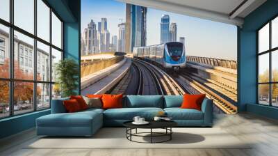 Dubai Metro. A view of the city from the subway car Wall mural