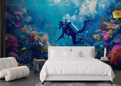 Beautiful diver goes on an underwater adventure in frighteningly deep sea Wall mural