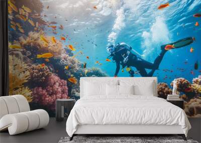 Beautiful diver goes on an underwater adventure in frighteningly deep sea Wall mural