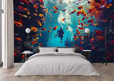 Beautiful diver goes on an underwater adventure in frighteningly deep sea Wall mural