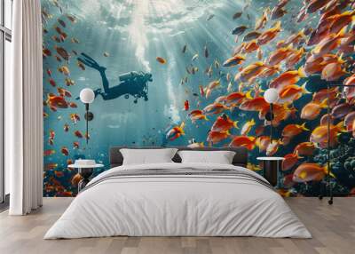 Beautiful diver goes on an underwater adventure in frighteningly deep sea Wall mural