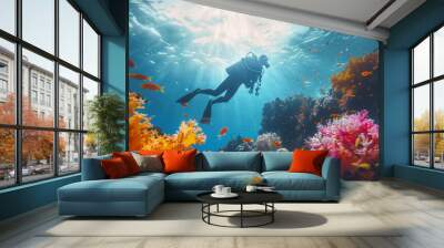 Beautiful diver goes on an underwater adventure in frighteningly deep sea Wall mural