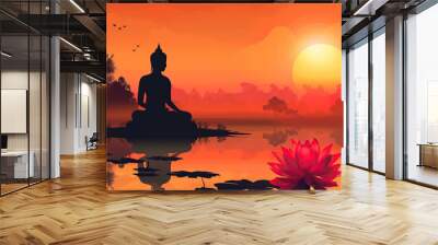 Beautiful greeting card with ancient statue great Buddha to bright holiday composition Wall mural