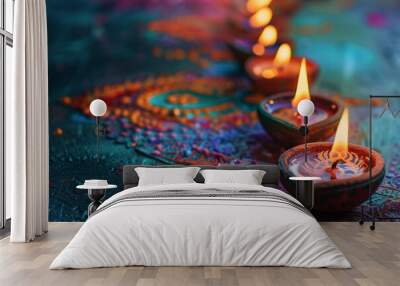 Beautiful greeting card with bright holiday composition for happy and celebrate Diwali Wall mural