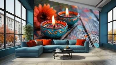 Beautiful greeting card with bright holiday composition for happy and celebrate Diwali Wall mural