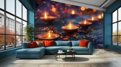 Beautiful greeting card with bright holiday composition for happy and celebrate Diwali Wall mural