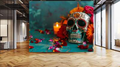 Beautiful greeting card with bright holiday composition for happy to joy celebrate dia de muertos Wall mural