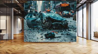 Collision of two vehicles involved in major accident on road with major damage Wall mural