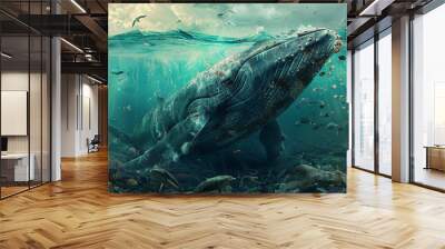 Fantastically beautiful majestic huge whale in ocean Wall mural