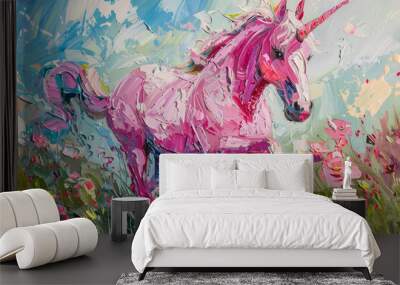 Fantastically beautiful mythological pink unicorn with long horn Wall mural