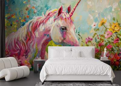 Fantastically beautiful mythological pink unicorn with long horn Wall mural