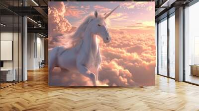 Fantastically beautiful mythological pink unicorn with long horn Wall mural