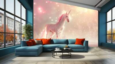 Fantastically beautiful mythological pink unicorn with long horn Wall mural