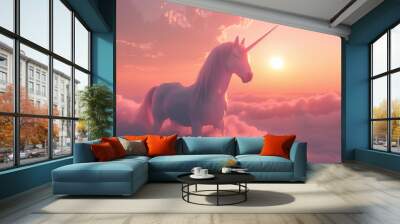 Fantastically beautiful mythological pink unicorn with long horn Wall mural