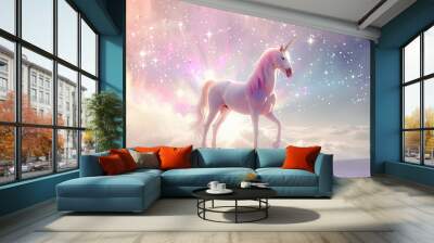 Fantastically beautiful mythological pink unicorn with long horn Wall mural