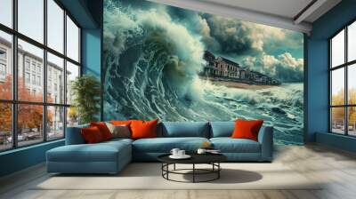 Generative ai on theme of a scary tsunami with huge foamy wave, apocalyptic dramatic background Wall mural