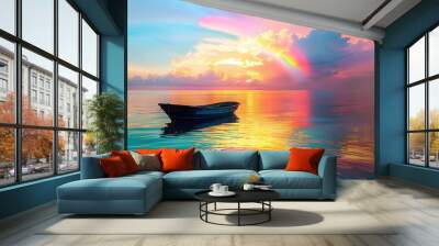 Generative ai on theme of beautiful tranquil landscape with magical bright rainbow at cloudy sky Wall mural