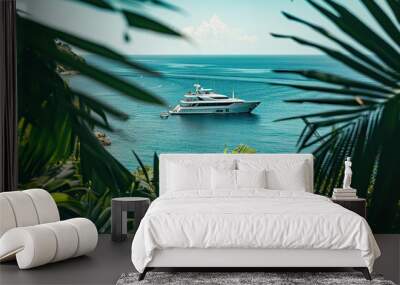 Luxury private motor yacht in tropical sea with soft blue wave on beautiful nature background Wall mural