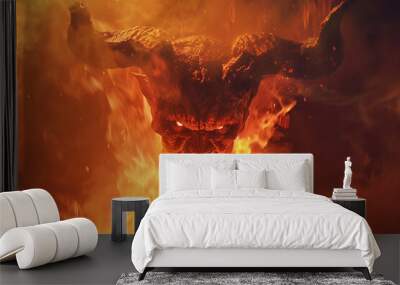 Scary sinister devil is in hell with bright fire lighting on the background Wall mural