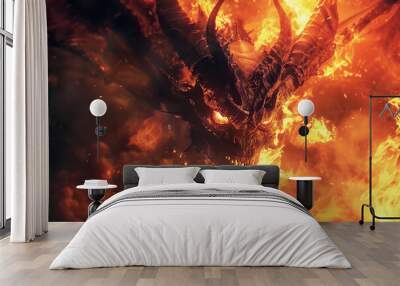 Scary sinister devil is in hell with bright fire lighting on the background Wall mural