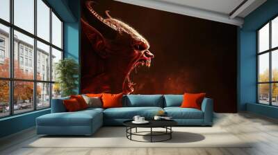 Scary sinister devil is in hell with bright fire lighting on the background Wall mural