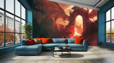 Scary sinister devil is in hell with dramatic fire lighting Wall mural