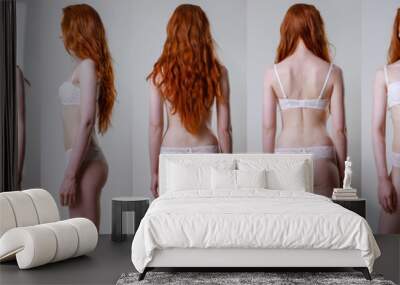 Collage snap red hair models. Beautiful slim tanned woman in white underwear, with no retouching on gray background Wall mural