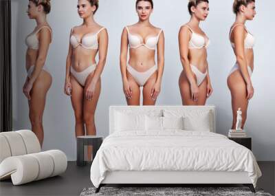 Collage snap slender blonde models. Full length beautiful slim woman in bieg underwear, with no retouching on gray background Wall mural