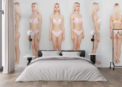 Collage snap slender blonde models. Full length beautiful slim woman in pink underwear, with no retouching on gray background Wall mural