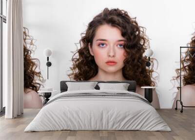 Set of portraits collage brunette with curly hair . Close-up portrait of a sexy, beautiful woman standing on white background. Different angle view of a face. Wall mural