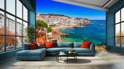 Sea landscape with Calella de Palafrugell, Catalonia, Spain near of Barcelona. Scenic fisherman village with nice sand beach and clear blue water in nice bay. Famous tourist destination in Costa Brava Wall mural