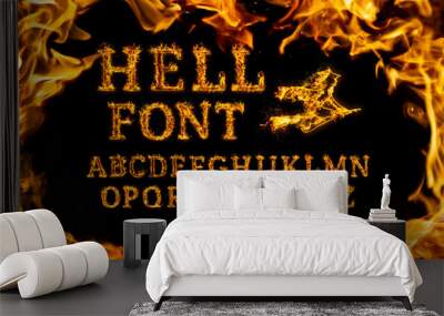 Hell Font set. Fire flames on black isolated background, realistick fire effect with sparks. Part of alphabet set Wall mural