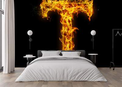 Letter T. Fire flames on black isolated background, realistick fire effect with sparks. Part of alphabet set Wall mural