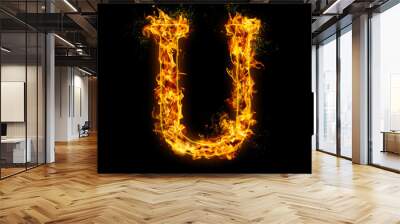 Letter U. Fire flames on black isolated background, realistick fire effect with sparks. Part of alphabet set Wall mural