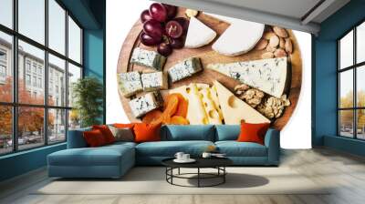 Assortment of cheese with fruits and grapes isolated on white background Wall mural