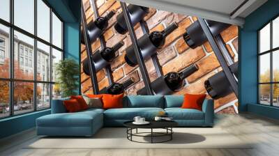 wine bottles on shelves on a brick wall Wall mural