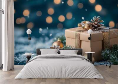 A beautifully wrapped gift surrounded by festive decorations in a cozy winter setting Wall mural